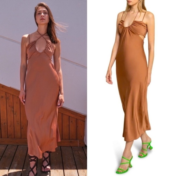 A.L.C. Sienna Cut Out Shirred Satin Midi Dress in Rawhide Brown Size:6 - Picture 1 of 14
